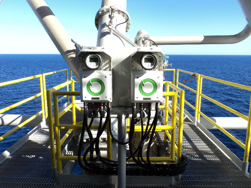 Fgm 160 field computer pair connected to ultrasonic gas flowmeters are installed on an offshore platform for flare gas measurement