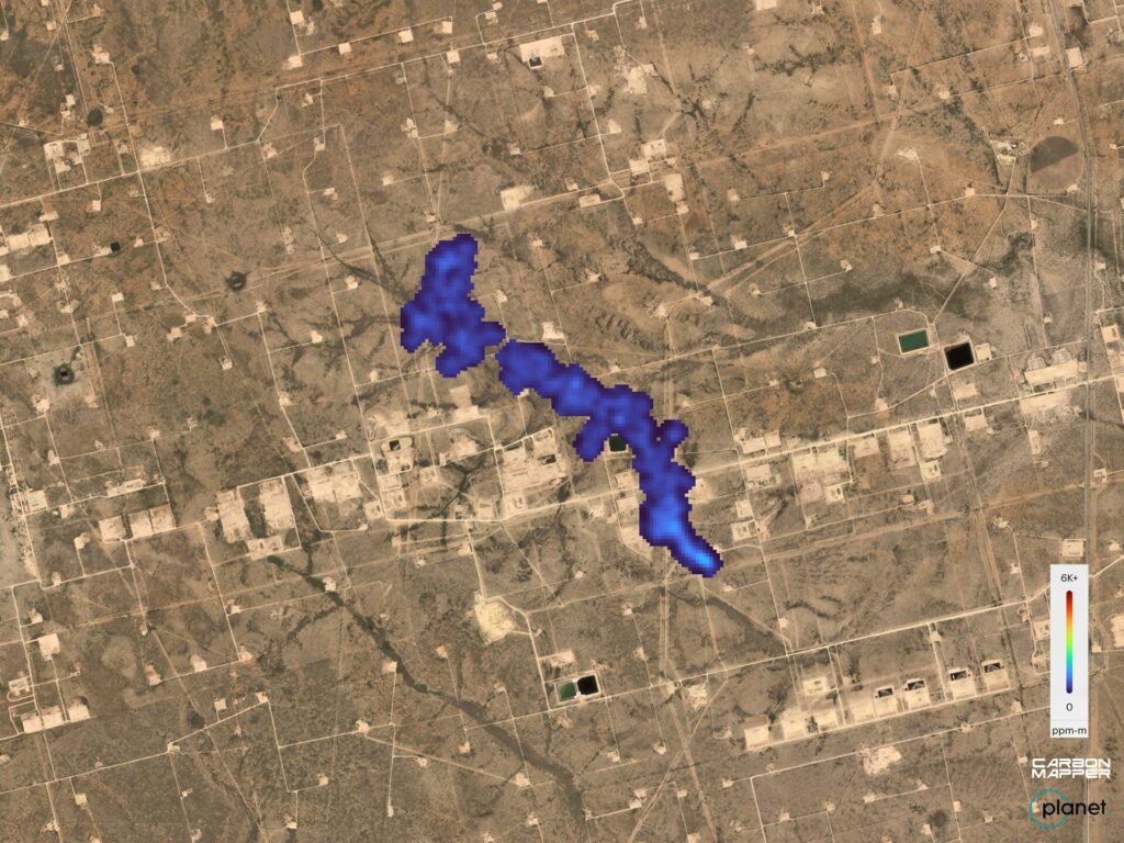 A plume of methane detected at an individual oil and gas operation in the texas permian basin on sep. 24, 2024. Carbon mapper’s preliminary estimate of the emission rate is 400 kg ch4/h. Planet basemap courtesy of planet labs.